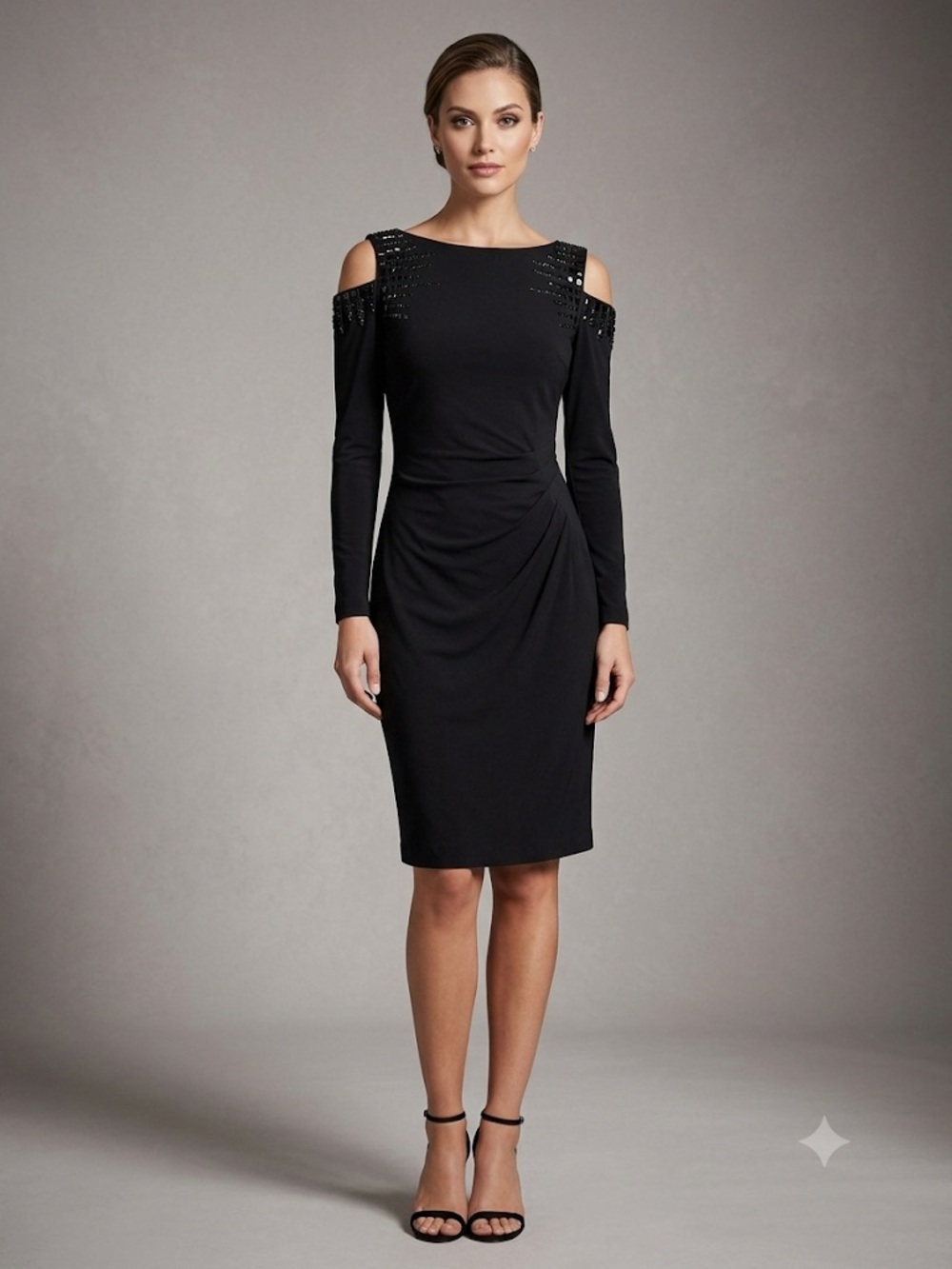 Cache Dress Size 8 Black Embellished Cold-Shoulder Long Sleeve Cocktail Elegant